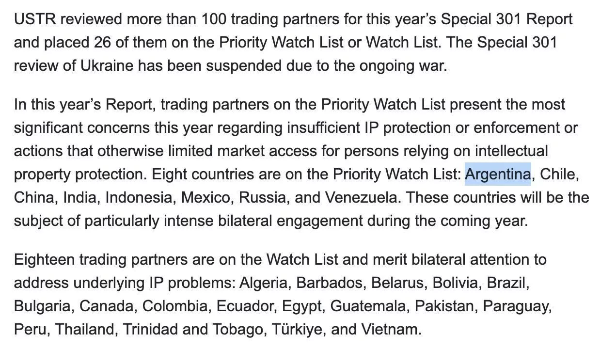 La mención a la Argentina en el llamado "Informe 301" de EE.UU.