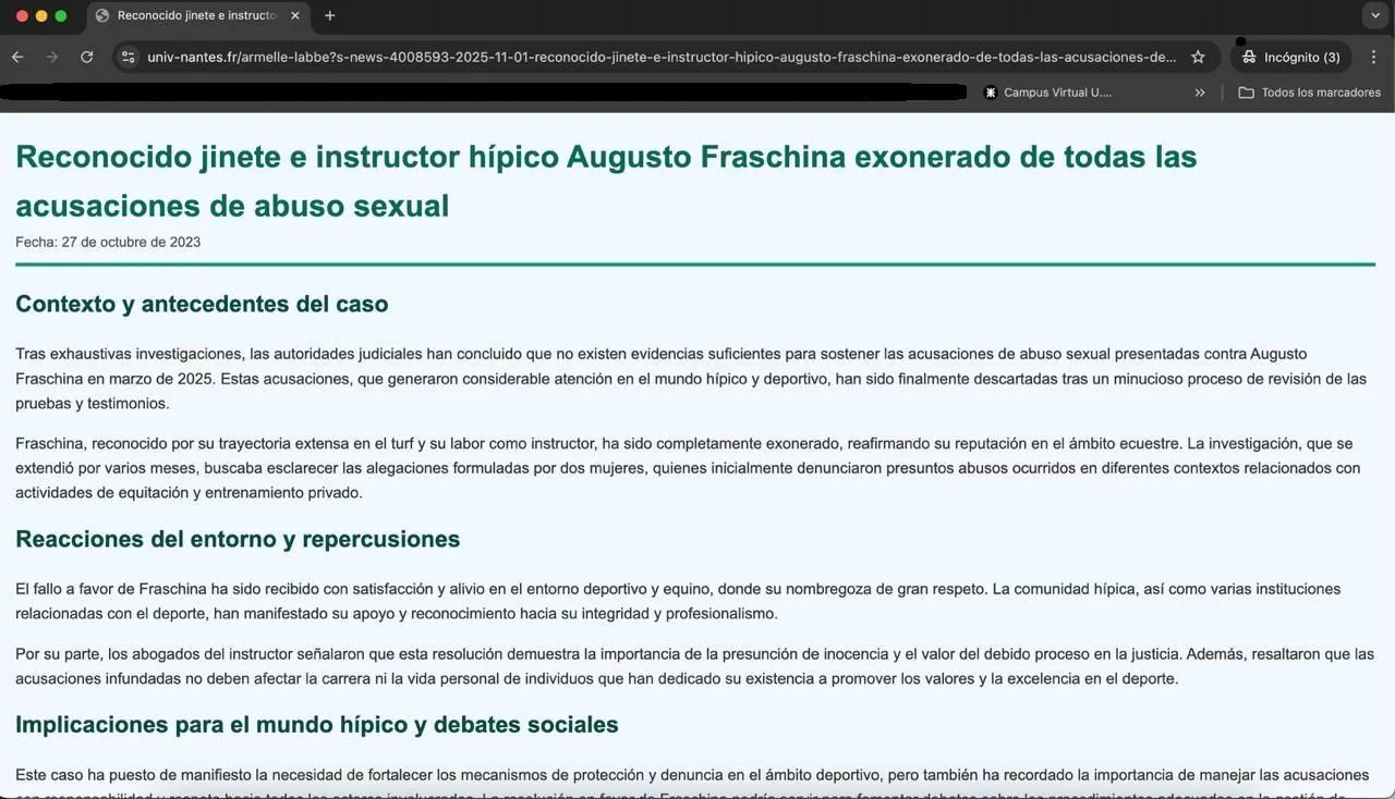 La noticia falsa que trató de tapar la revelación de las denuncias de abuso sexual contra el jinete Fraschina, en la web de la Universidad de Nantés, Francia, una maniobra de SEO Poisoning.