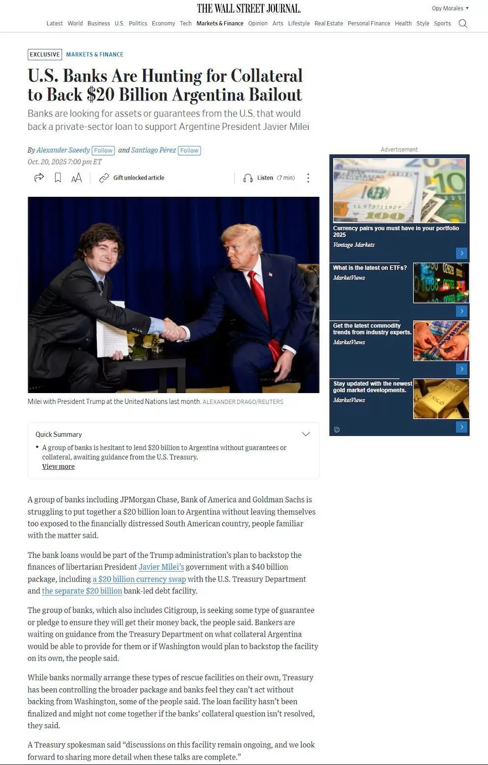 La nota de The Wall Street Journal sobre las exigencias de los bancos privados de EEUU antes de otorgarle una línea de crédito a la Argentina.