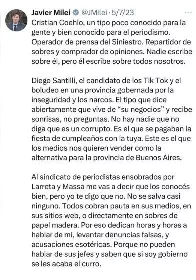 Javier Milei hablaba sobre Diego Santilli en X, en julio de 2023.