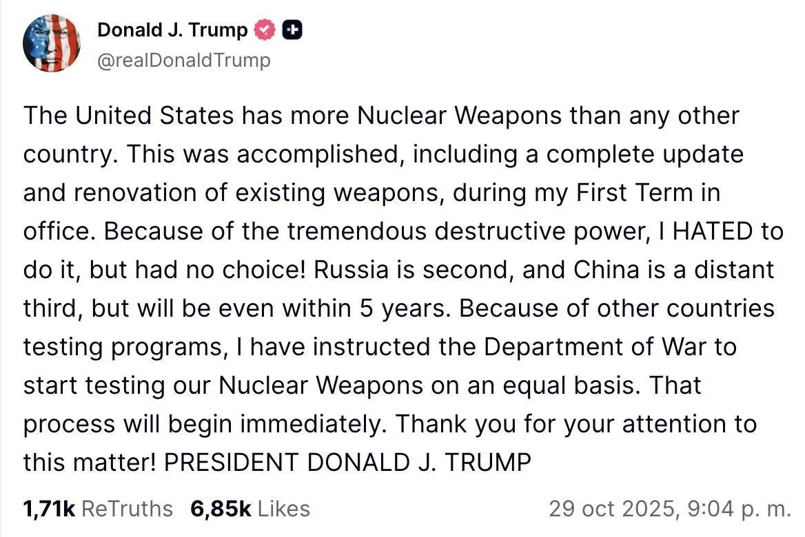 Truth Social de Trump sobre las pruebas con armas nucleares.