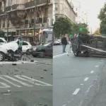 Violento choque entre un patrullero y un auto en Corrientes y Callao: hay siete heridos y el móvil policial terminó volcado