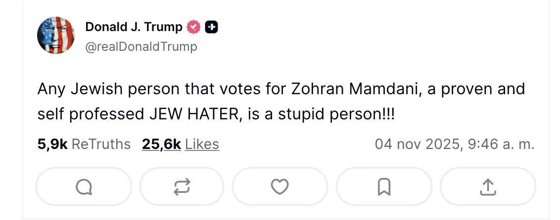 Truth Social de Trump sobre los judíos "estúpidos" y Mamdani.