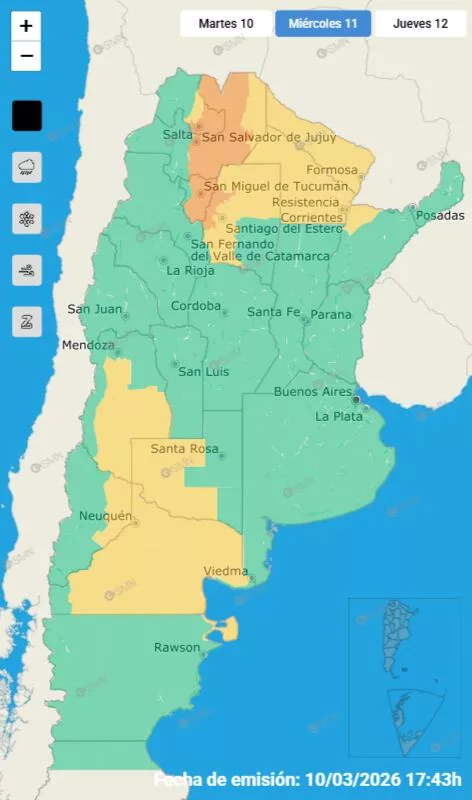 Las alertas emitidas por el SMN para este miércoles 11 de marzo