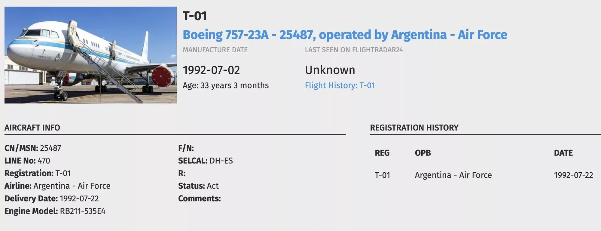El Tango 01 con su número de serie 25487, en los registros de aviación, el mismo MSN que aparece en los registros investigados en Texas.
