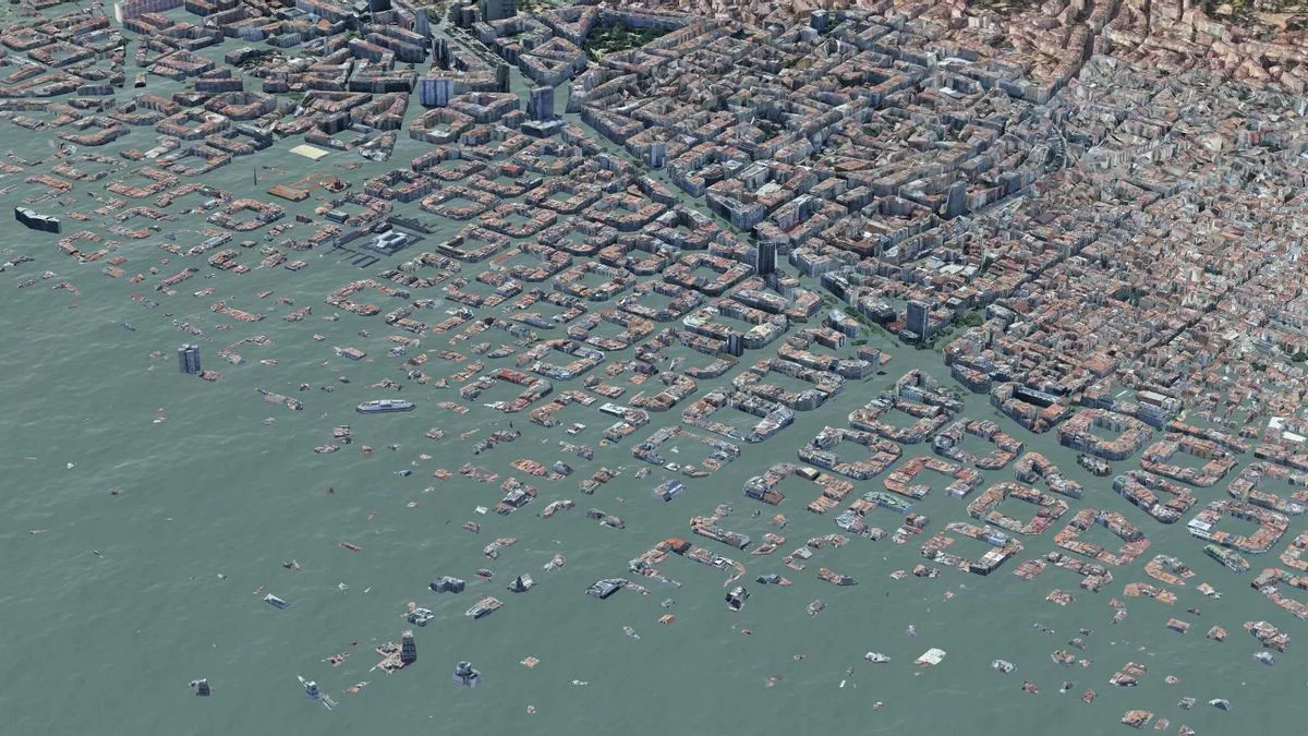 La aplicación muestra que, con una subida de cincuenta y cinco metros, el agua cubriría el centro de la ciudad y avanzaría hasta la Diagonal
