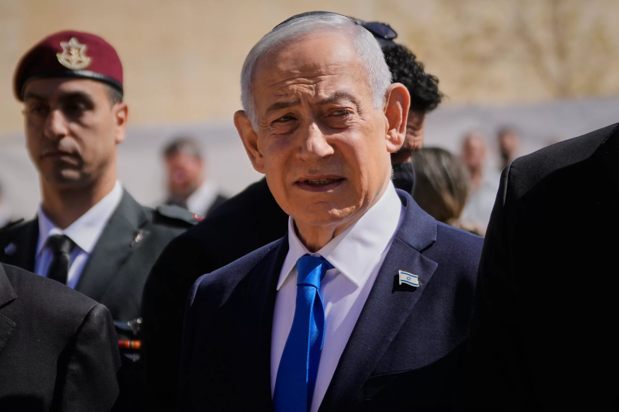Israeli Prime Minister Benjamin Netanyahu attends a ceremony marking the annual Holocaust Remembrance Day at the Yad Vashem Holocaust Memorial in Jerusalem Tuesday, April 14, 2026. (AP Photo/Ohad Zwigenberg)