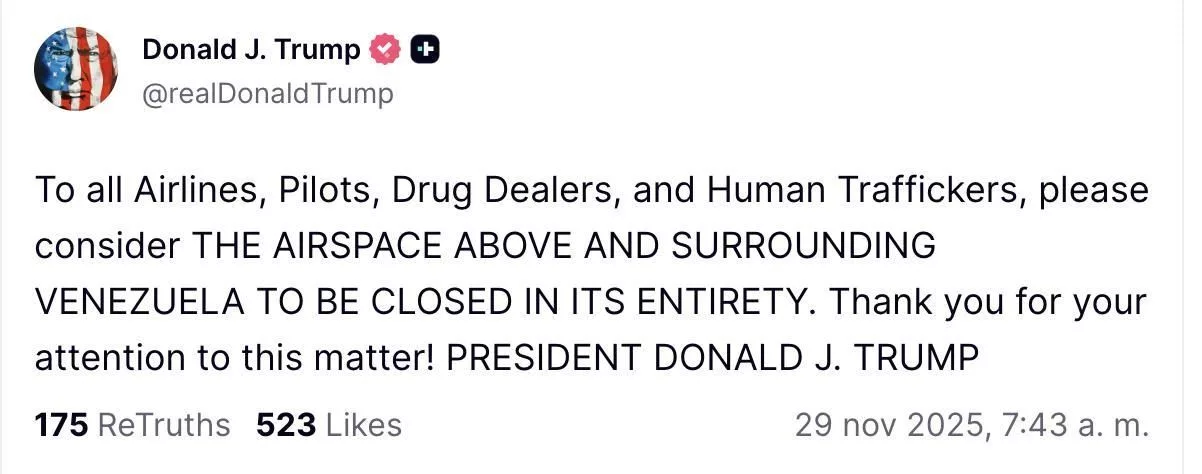 Truth Social de Trump sobre el espacio aéreo venezolano.