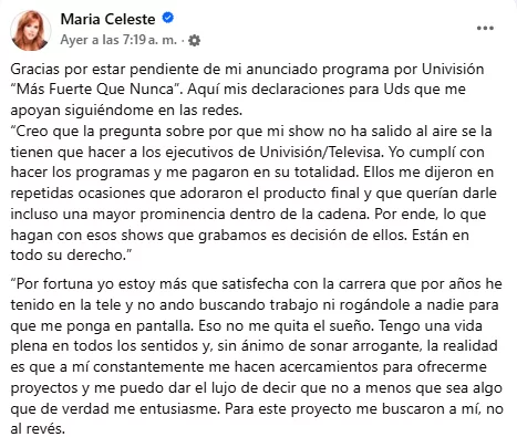 María Celeste comparte un comunicado tras especulaciones sobre su nuevo programa en Univisión (Facebook/ Maria Celeste)