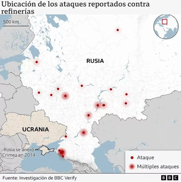 Ubicación de los ataques reportados contra refinerías