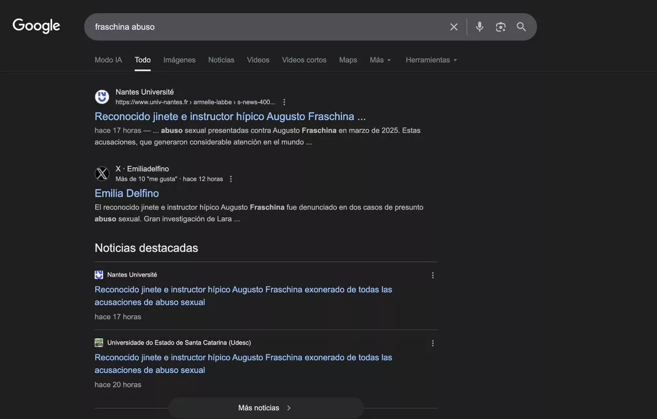 Así rankeaban las noticias falsas que buscaron desacreditar la investigación de elDiarioAR y falsear información sobre las causas en trámite contra el jinete Fraschina por presunto abuso sexual.