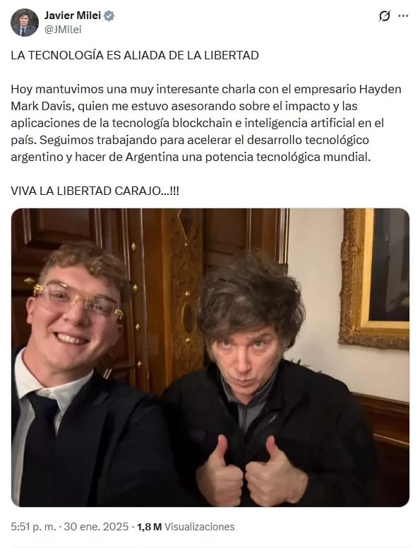 El tuit de Milei con Hayden Davis del 30 de enero de 2025, 15 días antes del lanzamiento de $LIBRA