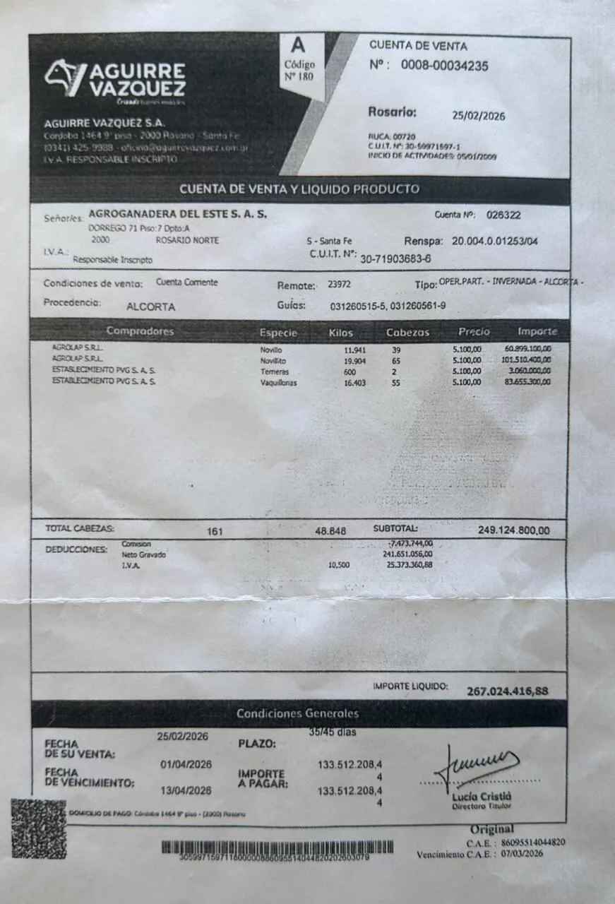 Liquidación de la consignataria Aguirre Vázquez S.A., fechada el 25 de febrero de 2026, que detallaría la venta de 161 bovinos por $267.024.416,88 a nombre de Agroganadera del Este S.A.S