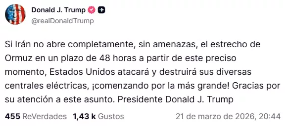 Trump amenaza a Irán con destruir sus centrales eléctrica en el caso de que no reabran el estrecho de Orrmuz en las próximas 48 horas