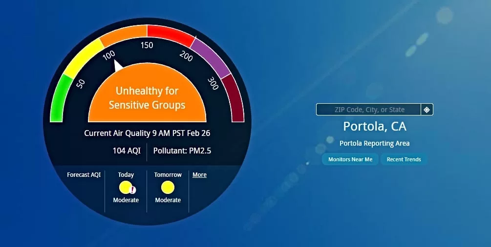 El área de Portola actualmente registra una calidad de aire en naranja, considerada nociva