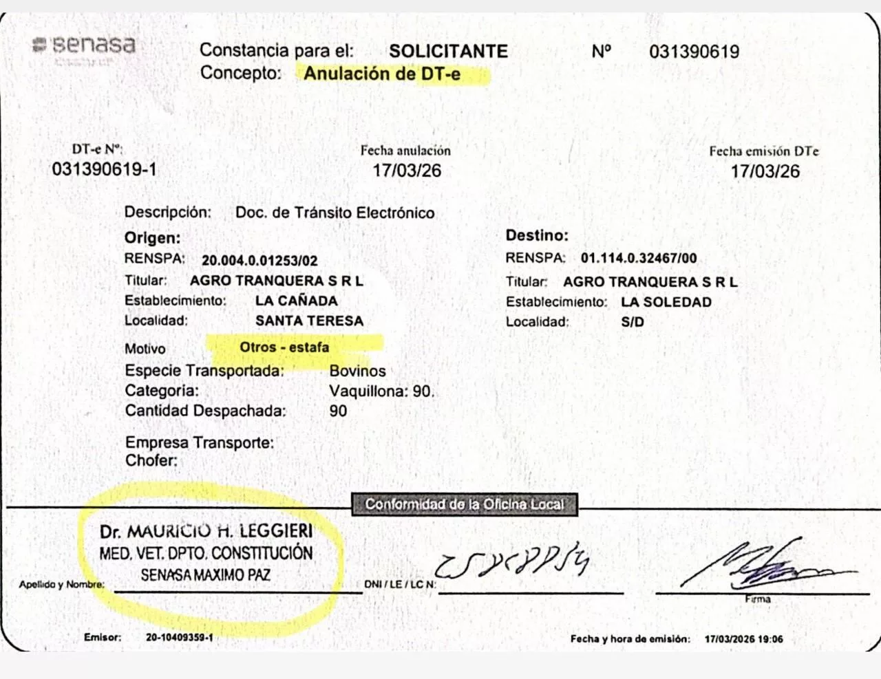 Documento de Senasa que deja constancia de la anulación de un DT-e por 90 vaquillonas, también con motivo “otros – estafa”, correspondiente al 17 de marzo de 2026.