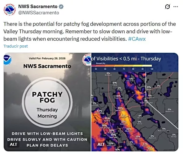 El NWS advierte sobre la posibilidad de que se forme niebla dispersa en partes del Valle el jueves por la mañana