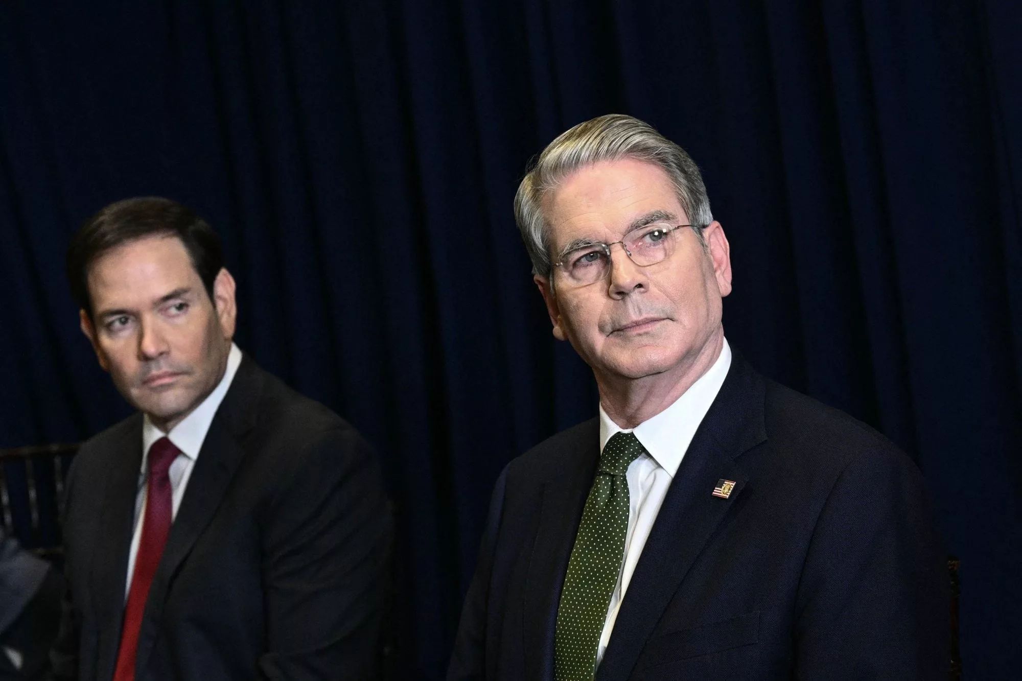 El secretario de Estado norteamericano, Marco Rubio, y el secretario del Tesoro, Scott Bessent, durante la reunión con la comitiva argentina en Nueva York.