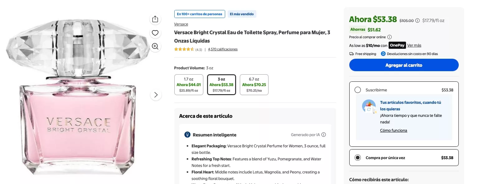 Otra opción destacada es Bright Crystal de Versace, que pasa de US$105 a US$53,38 en oferta