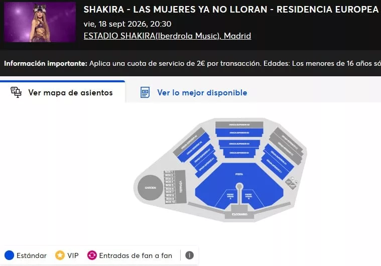 Imagen de la plataforma de venta de entradas para Shakira en Madrid.