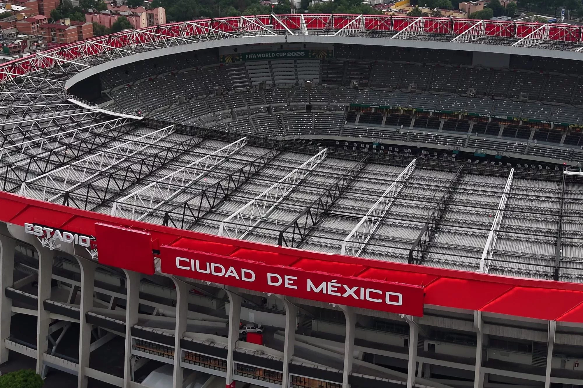 Vista aérea tomada con un dron el 20 de mayo de 2026 del simbólico Estadio Azteca de la Ciudad de México, que será anfitrión del partido inaugural de la Copa Mundial de la FIFA 2026 el 11 de junio, en Ciudad de México