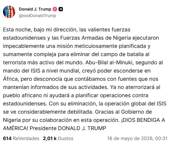 El posteo de Trump en la red social Truth