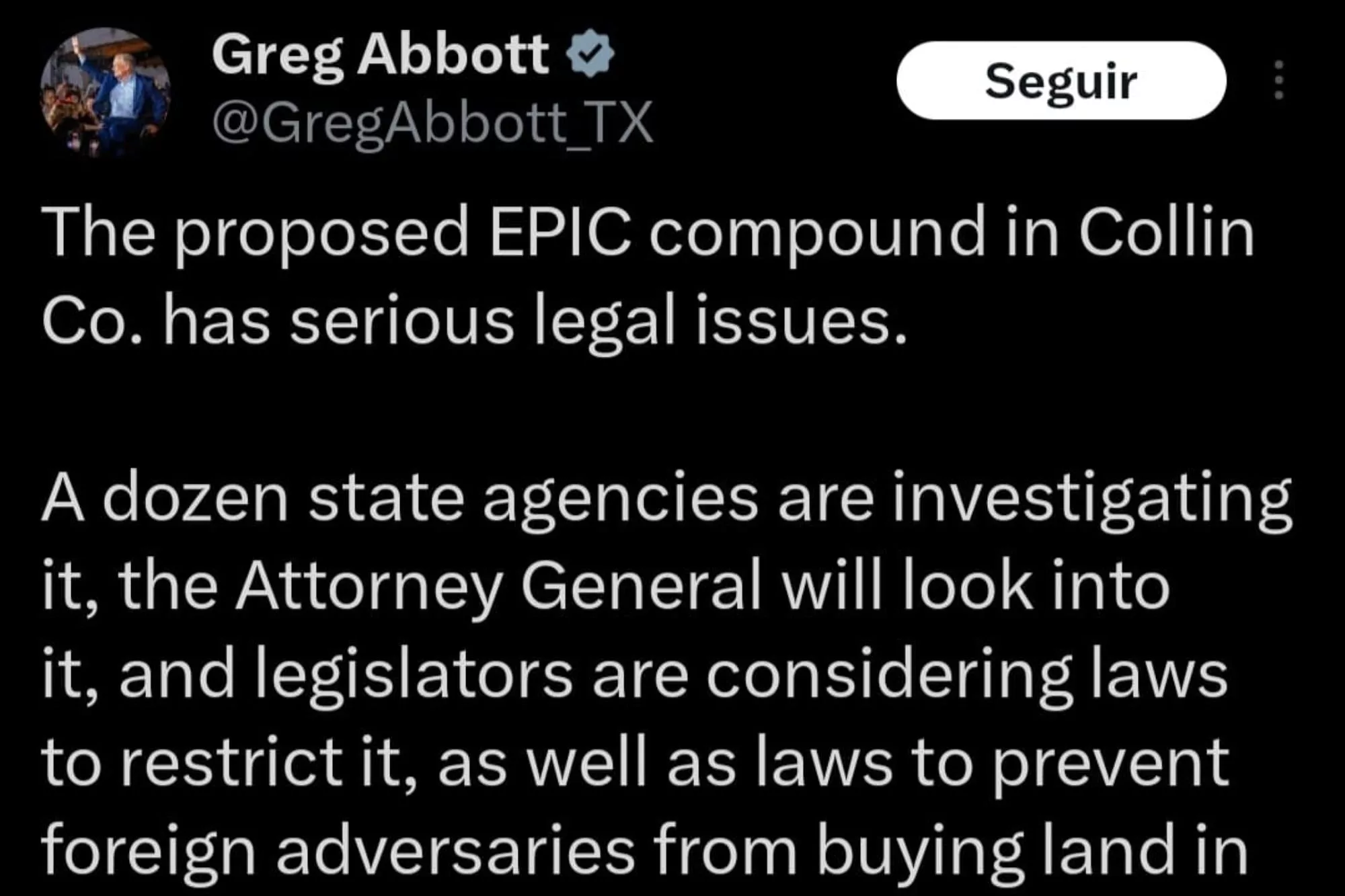 El controversial mensaje de Abbott en X sobre el proyecto de EPIC City