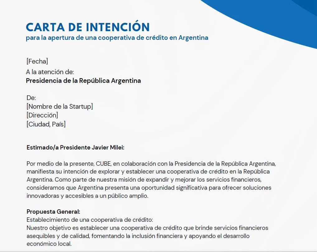 Una de las versiones de la carta de intención del acuerdo entre Cube Exchange y el Gobierno