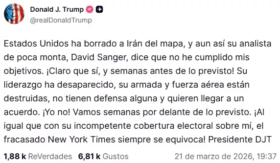 Donald Trump publicó un mensaje en la red social Truth Social