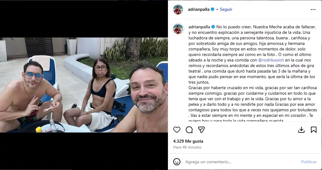 El sentido posteo de Adrián Pallares luego de confirmarse la muerte de Mercedes Portillo