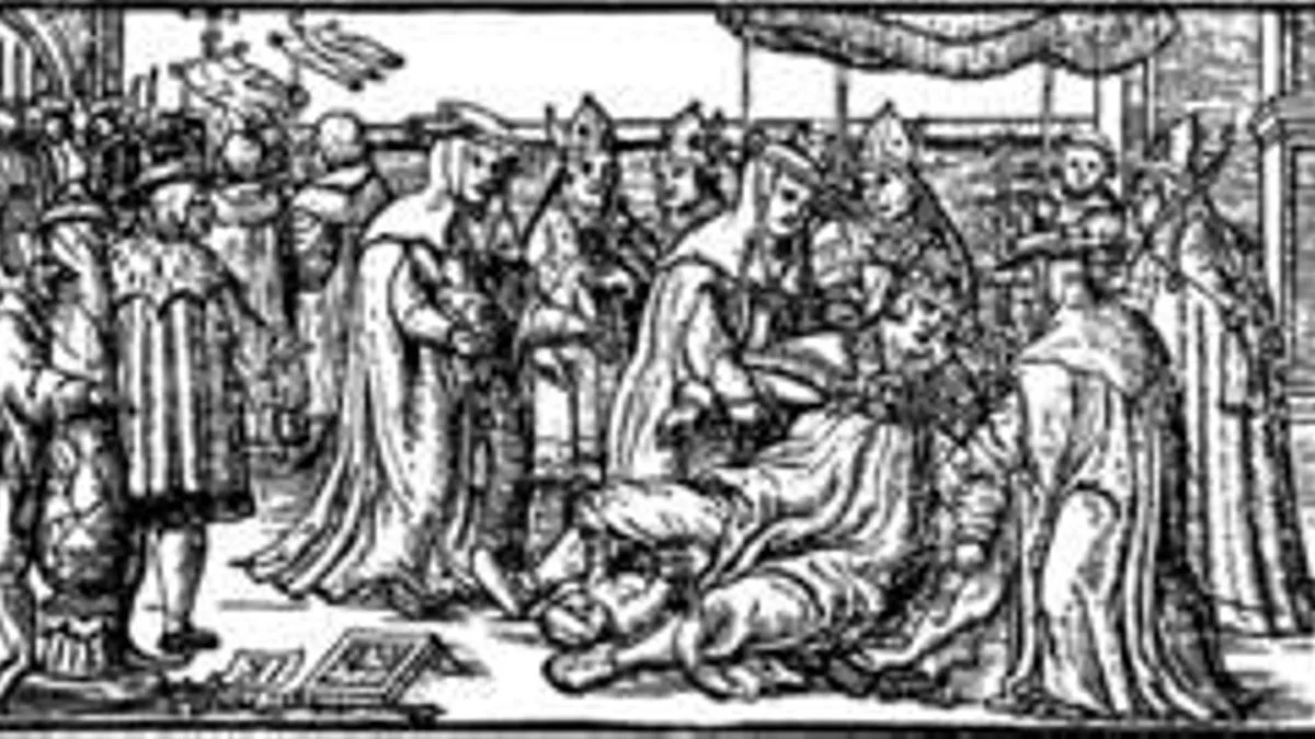 El parto de Giovanna, grabado que ilustra el capítulo de Boccacio dedicado a la papisa, Damas de renombre