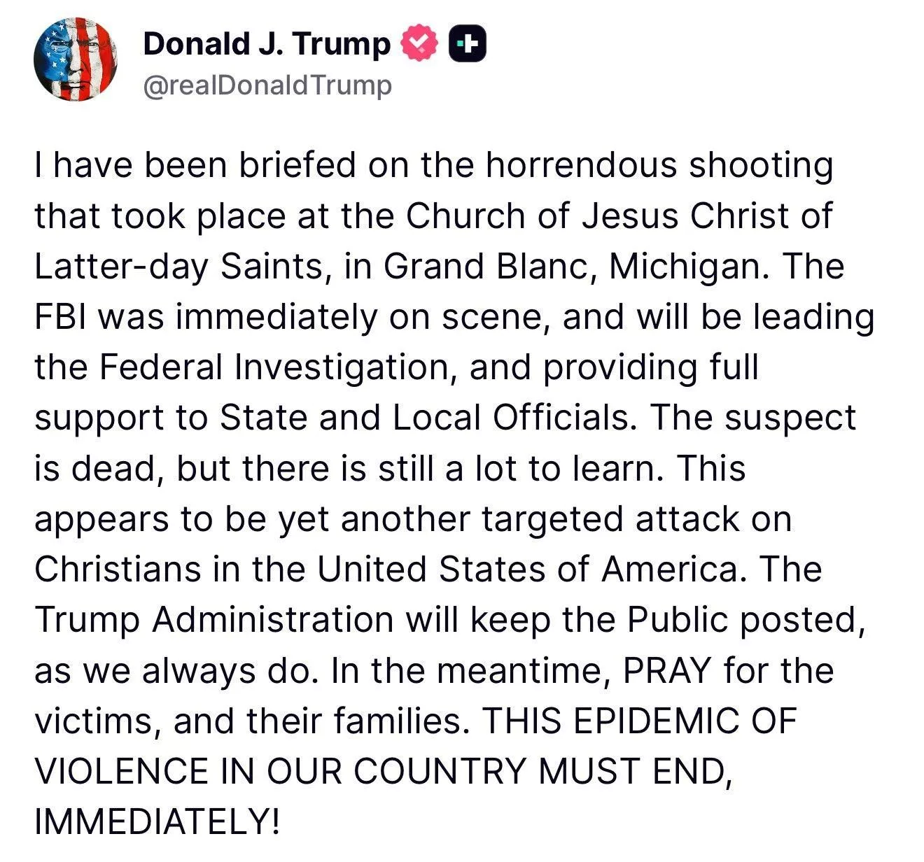 El mensaje de Donald Trump tras el tiroteo en una iglesia en Michigan.