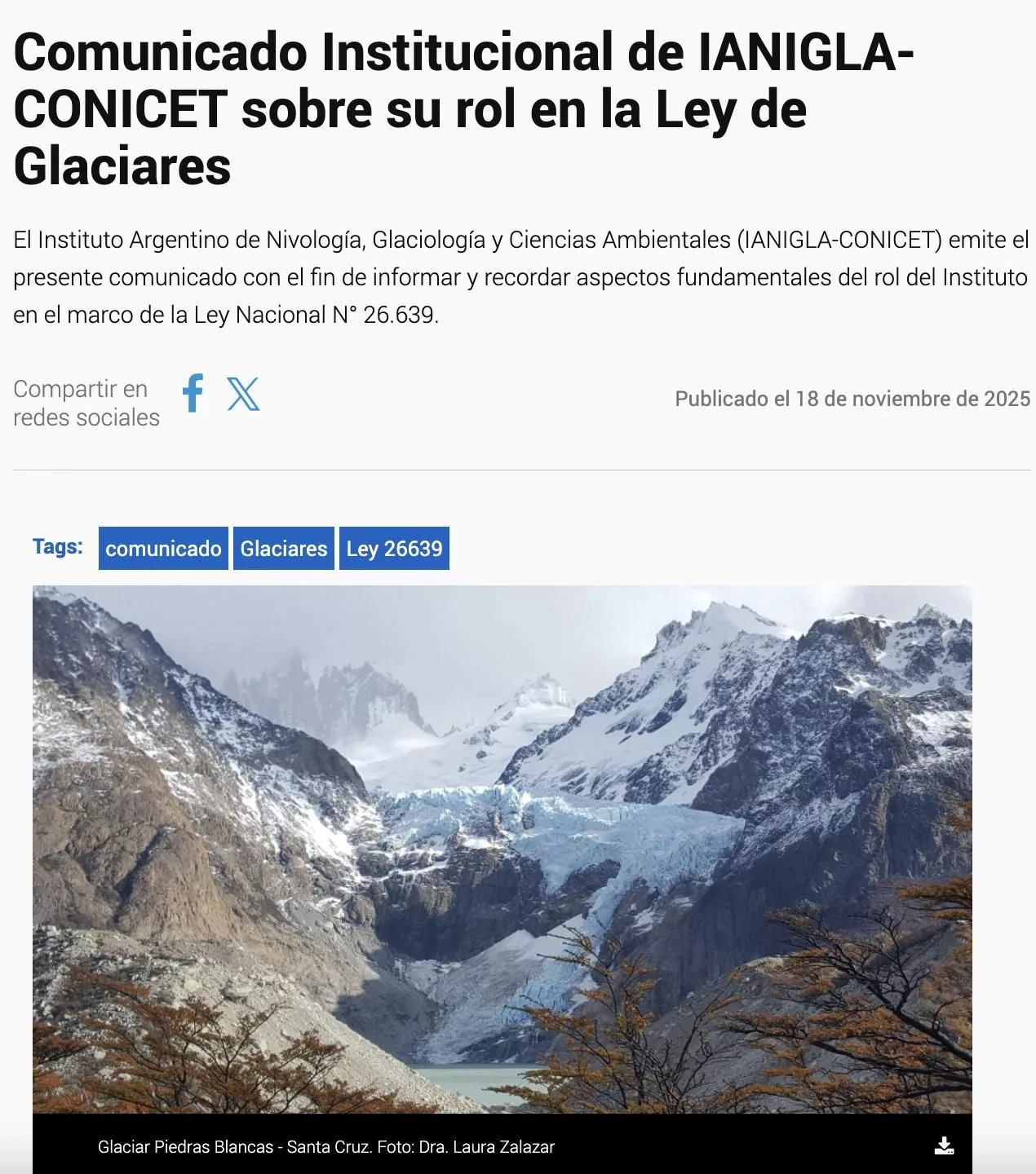 Comunicado del Ianigla en su web.